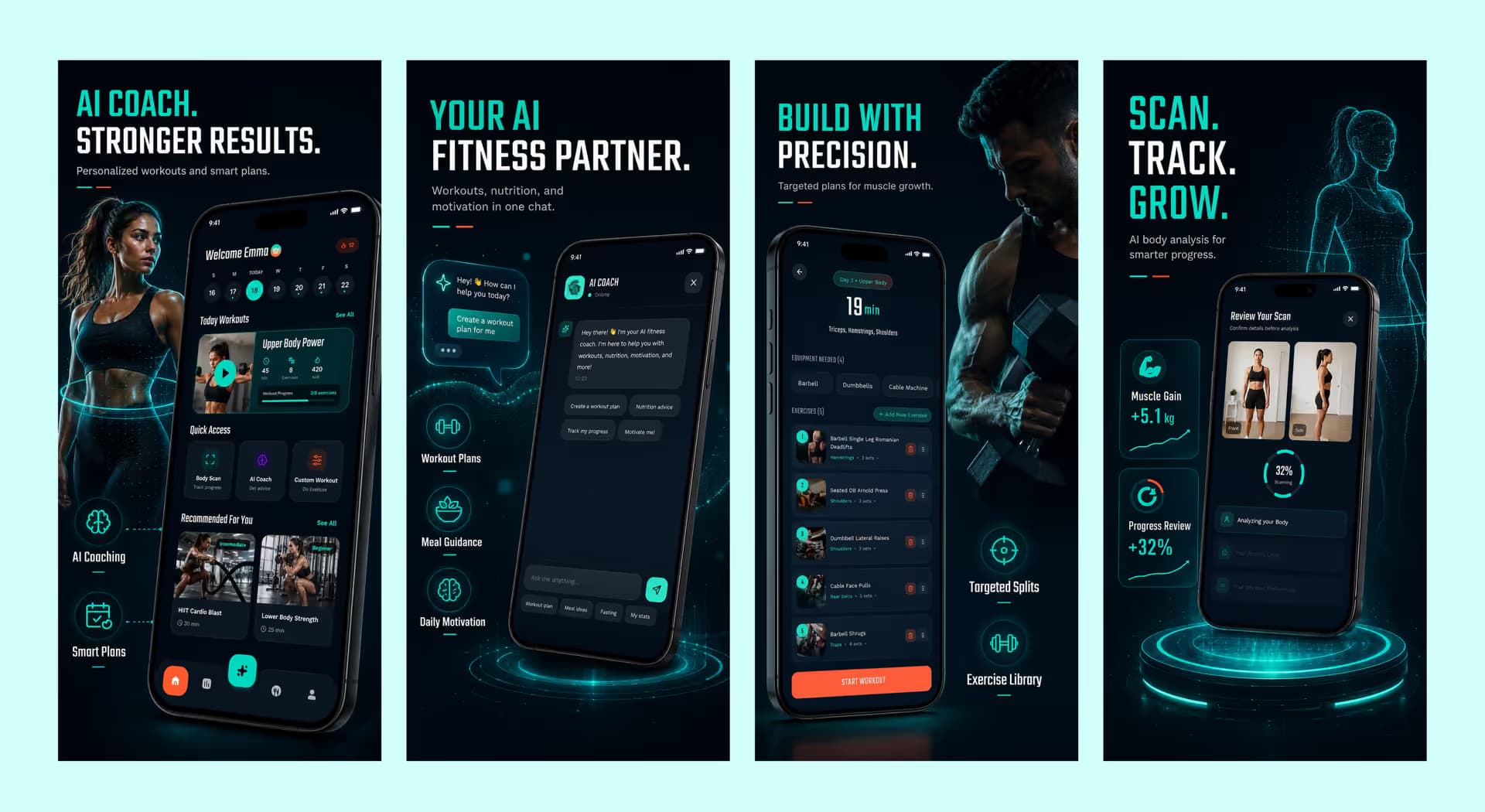 Four screens from the adaptive fitness app: home dashboard, AI coach chat, a guided workout, and body-scan review.
