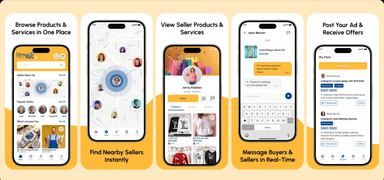 Five screens from the marketplace app: browsing products and services, a map of nearby sellers, a seller profile with listings, buyer-to-seller chat, and posted ads showing received offers.